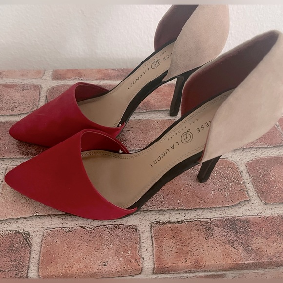Color block heels never worn. Tan red black (multi color) suede material. - Picture 3 of 5